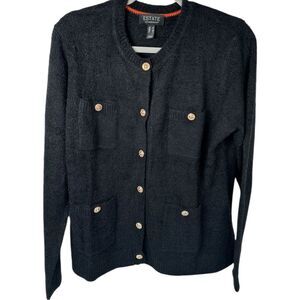Estate Isaac Mizrahi Black Boucle Knit Old Money Cardigan Sweater Size Medium